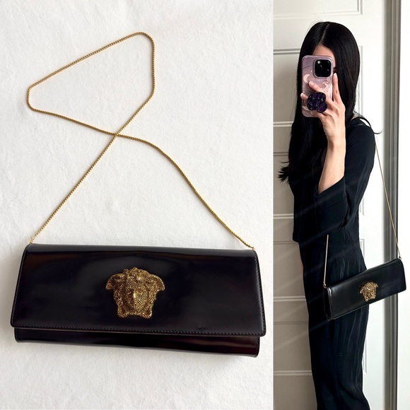 Versace Handbags - ✨VERSACE Crystal Medusa Icon Leather Clutch Bag With Strap Black Gold